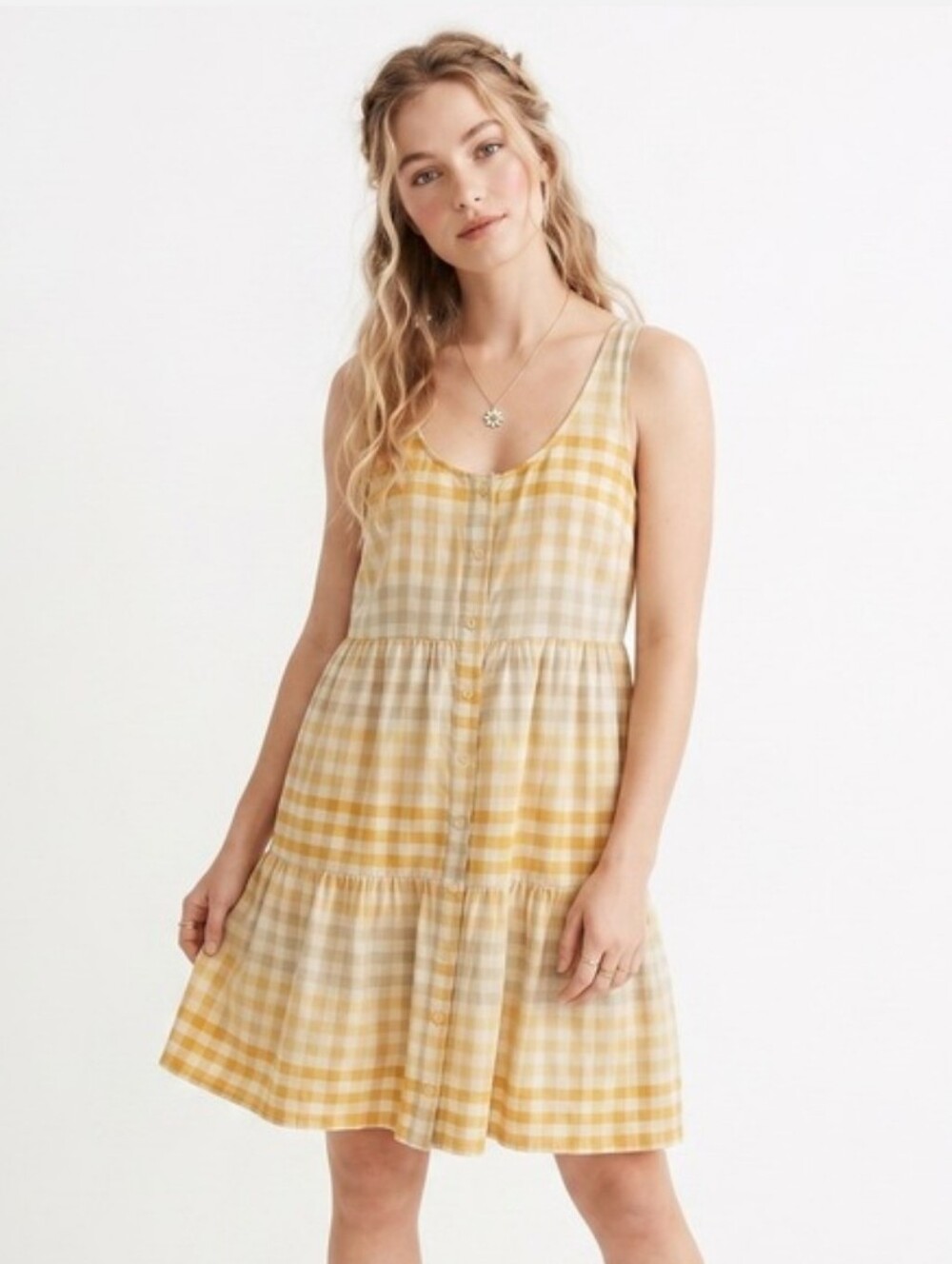 Madewell 100% Cotton Yellow Gingham Tiered Sundress - Women Size Zp